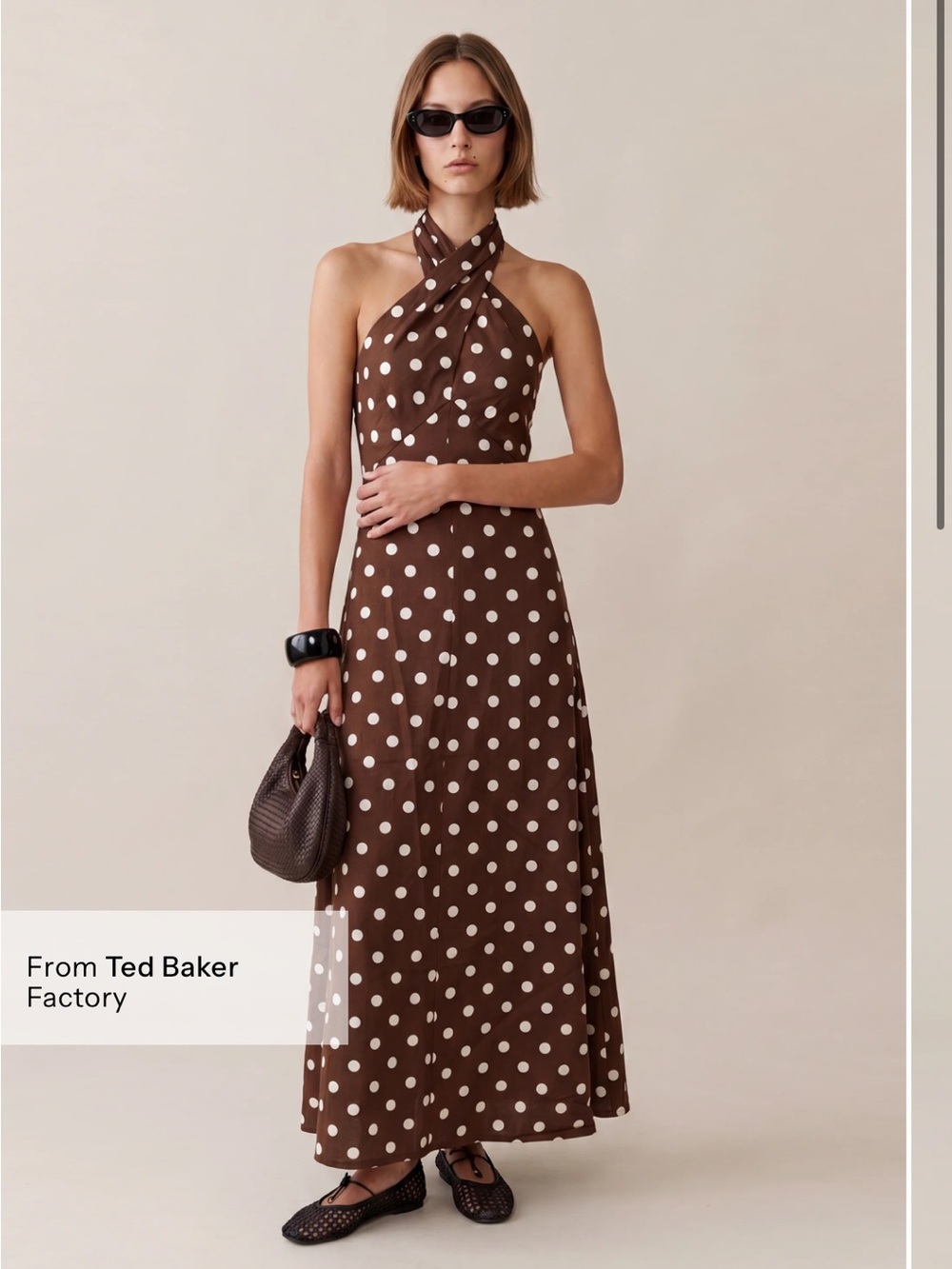 NEW Few Moda Noelle Brown Polkadot Halter Plunge Maxi O.P.T Size Medium